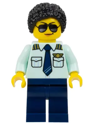 CTY1678:  Passenger Plane Pilot - Female, Light Aqua Uniform Shirt with Tie, Dark Blue Legs, Black Hair Braided with Knot Bun, Sunglasses