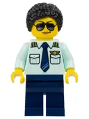 Minifigurka: CTY1678:  Passenger Plane Pilot - Female, Light Aqua Uniform Shirt with Tie, Dark Blue Legs, Black Hair Braided with Knot Bun, Sunglasses