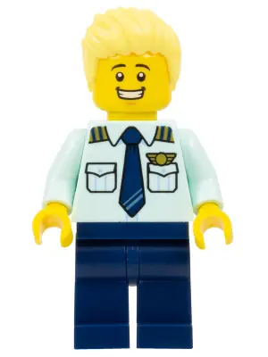 CTY1679:  Passenger Plane Pilot - Male, Light Aqua Uniform Shirt with Tie, Dark Blue Legs, Bright Light Yellow Spiked Hair Swept Up