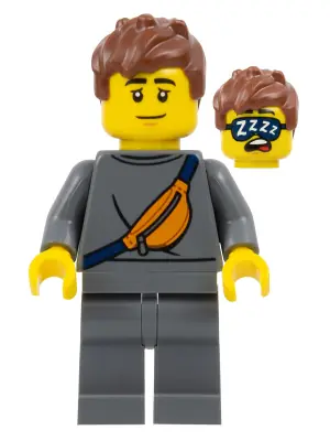 CTY1680:  Plane Passenger - Male, Dark Bluish Gray Sweater with Orange Sling Bag, Dark Bluish Gray Legs, Reddish Brown Messy Hair, Sleep Mask