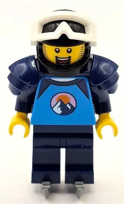 CTY1682:  Ice Hockey Player - Male, Dark Azure and Dark Blue Shirt with Mountains, Dark Blue Legs and Shoulder Pads, Black Helmet, White Goggles, Ice Skates
