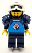 Minifigurka: CTY1682:  Ice Hockey Player - Male, Dark Azure and Dark Blue Shirt with Mountains, Dark Blue Legs and Shoulder Pads, Black Helmet, White Goggles, Ice Skates