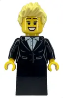 Minifigurka: CTY1684:  Caroler - Female, Black Suit Jacket with White Button Up Shirt, Black Skirt, Bright Light Yellow Spiked Hair