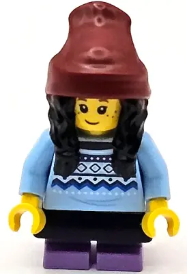 CTY1686:  Child - Girl, Bright Light Blue Knit Fair Isle Sweater, Medium Lavender Short Legs, Dark Red Beanie with Black Hair, Black Skirt