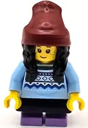 Minifigurka: CTY1686:  Child - Girl, Bright Light Blue Knit Fair Isle Sweater, Medium Lavender Short Legs, Dark Red Beanie with Black Hair, Black Skirt