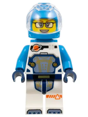 CTY1693:  Astronaut - Female, White Spacesuit with Dark Azure Arms, Dark Azure Helmet, Trans-Clear Visor, Dark Azure Jet Pack, Glasses
