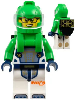 CTY1694:  Astronaut - Male, White Spacesuit with Bright Green Arms, Bright Green Helmet, Trans-Clear Visor, Bright Green Harness with Solar Panel, Glasses
