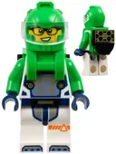 Minifigurka: CTY1694:  Astronaut - Male, White Spacesuit with Bright Green Arms, Bright Green Helmet, Trans-Clear Visor, Bright Green Harness with Solar Panel, Glasses