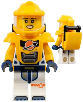 CTY1695:  Astronaut - Female, White Spacesuit with Bright Light Orange Arms, Bright Light Orange Helmet, Trans-Clear Visor, Bright Light Orange Armor with Black Bar Handle