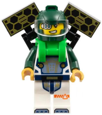 CTY1696:  Astronaut - Male, White Spacesuit with Dark Green Arms, Dark Green Helmet, Trans-Clear Visor, Bright Green Harness with Solar Panels