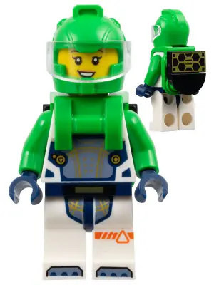 CTY1698:  Astronaut - Female, White Spacesuit with Bright Green Arms, Bright Green Helmet, Trans-Clear Visor, Bright Green Harness with Solar Panel, Open Mouth