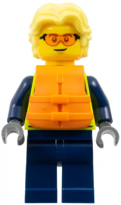 CTY1700:  Police - City Officer Male, Neon Yellow Safety Vest, Dark Blue Legs, Bright Light Yellow Wavy Hair, Orange Life Jacket, Safety Glasses