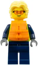 Minifigurka: CTY1700:  Police - City Officer Male, Neon Yellow Safety Vest, Dark Blue Legs, Bright Light Yellow Wavy Hair, Orange Life Jacket, Safety Glasses
