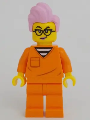 CTY1702:  Police - City Jail Prisoner Female, Orange Prison Jumpsuit, Bright Pink Hair, Black Glasses