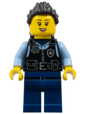 CTY1703:  Police - City Officer Female, Black Safety Vest with Silver Star Badge Logo, Dark Blue Legs, Black Hair Long with Braided Ponytail