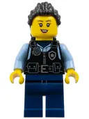 Minifigurka: CTY1703:  Police - City Officer Female, Black Safety Vest with Silver Star Badge Logo, Dark Blue Legs, Black Hair Long with Braided Ponytail