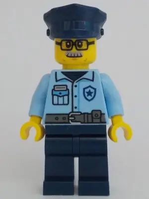 CTY1705:  Police - City Officer Male, Bright Light Blue Uniform with Dark Bluish Gray Belt, Dark Blue Legs, Dark Blue Police Hat, Glasses, Moustache