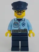 Minifigurka: CTY1705:  Police - City Officer Male, Bright Light Blue Uniform with Dark Bluish Gray Belt, Dark Blue Legs, Dark Blue Police Hat, Glasses, Moustache