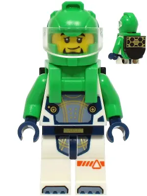 CTY1706:  Astronaut - Male, White Spacesuit with Bright Green Arms, Bright Green Helmet, Trans-Clear Visor, Bright Green Harness with Solar Panel, Goatee