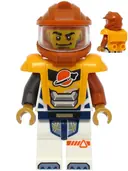 Minifigurka: CTY1709:  Astronaut - Male, White Spacesuit with Dark Orange and Pearl Dark Gray Arms, Dark Orange Helmet, Trans-Clear Visor, Bright Light Orange Armor with Ingot