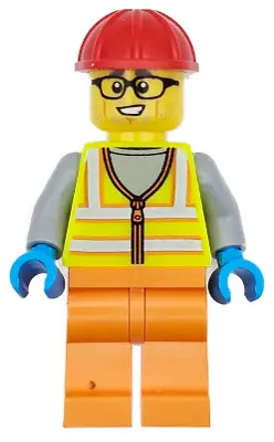 CTY1710:  Construction Worker - Male, Neon Yellow Safety Vest with Reflective Stripes, Orange Legs, Red Construction Helmet, Black Glasses