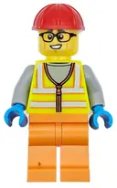 Minifigurka: CTY1710:  Construction Worker - Male, Neon Yellow Safety Vest with Reflective Stripes, Orange Legs, Red Construction Helmet, Black Glasses