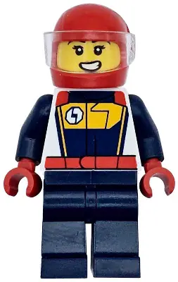 CTY1711:  Race Car Driver - Female, White, Dark Blue and Bright Light Orange Racing Suit, Dark Blue Legs, Red Helmet