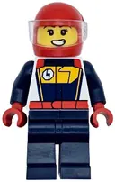 Minifigurka: CTY1711:  Race Car Driver - Female, White, Dark Blue and Bright Light Orange Racing Suit, Dark Blue Legs, Red Helmet