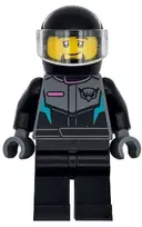 Minifigurka: CTY1712:  Race Car Driver - Male, Racing Suit with Hawk Head Logo, Black Legs, Black Helmet, Trans-Clear Visor, Goatee
