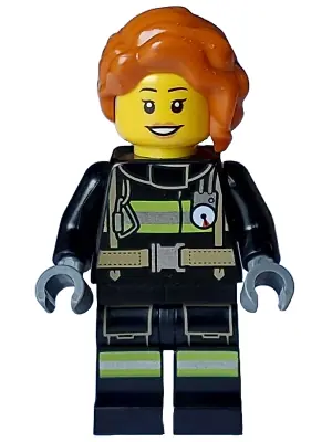 CTY1713:  Fire - Female, Black Jacket and Legs with Reflective Stripes, Dark Orange Hair Wavy, Loose Braid