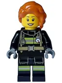 Minifigurka: CTY1713:  Fire - Female, Black Jacket and Legs with Reflective Stripes, Dark Orange Hair Wavy, Loose Braid