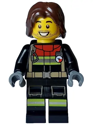 CTY1714:  Fire - Male, Black Jacket and Legs with Reflective Stripes and Red Collar, Dark Brown Hair Mid-Length Tousled