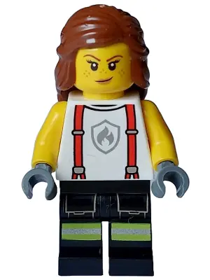 CTY1715:  Fire - Female, White Shirt with Suspenders, Legs with Reflective Stripes, Reddish Brown Hair with Braid