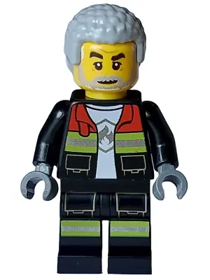 CTY1716:  Fire - Male, Black Open Jacket and Legs with Reflective Stripes and Red Collar, Light Bluish Gray Coiled Hair