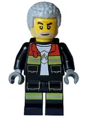 Minifigurka: CTY1716:  Fire - Male, Black Open Jacket and Legs with Reflective Stripes and Red Collar, Light Bluish Gray Coiled Hair