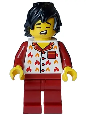 CTY1717:  Fire - Male, White Jacket with Flames, Dark Red Legs, Black Tousled Hair