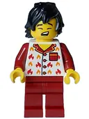 Minifigurka: CTY1717:  Fire - Male, White Jacket with Flames, Dark Red Legs, Black Tousled Hair