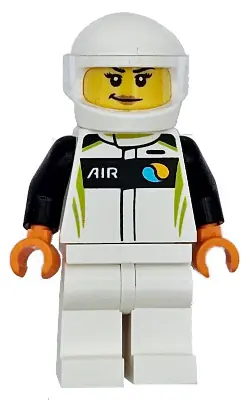 CTY1718:  Race Car Driver - Female, White, Black and Lime Racing Suit, White Legs and Helmet