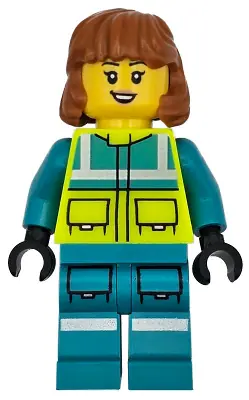 CTY1720:  Ambulance Driver - Female, Dark Turquoise and Neon Yellow Safety Vest, Legs with Silver Reflective Stripes, Dark Orange Mid Length Hair