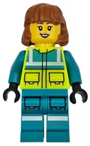 Minifigurka: CTY1720:  Ambulance Driver - Female, Dark Turquoise and Neon Yellow Safety Vest, Legs with Silver Reflective Stripes, Dark Orange Mid Length Hair