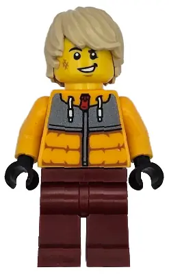 CTY1721:  Snowboarder - Male, Bright Light Orange Jacket, Dark Red Legs, Tan Tousled Hair, Scuff Mark