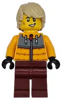 Minifigurka: CTY1721:  Snowboarder - Male, Bright Light Orange Jacket, Dark Red Legs, Tan Tousled Hair, Scuff Mark