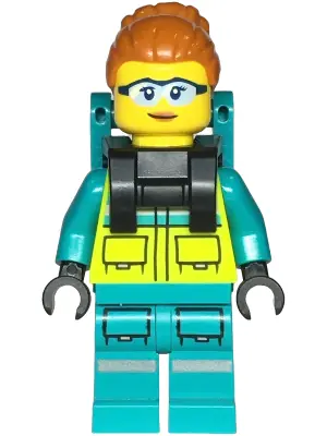 CTY1723:  Paramedic - Female, Dark Turquoise and Neon Yellow Safety Vest, Legs with Silver Reflective Stripes, Dark Orange High Bun, Backpack