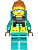 Minifigurka: CTY1723:  Paramedic - Female, Dark Turquoise and Neon Yellow Safety Vest, Legs with Silver Reflective Stripes, Dark Orange High Bun, Backpack