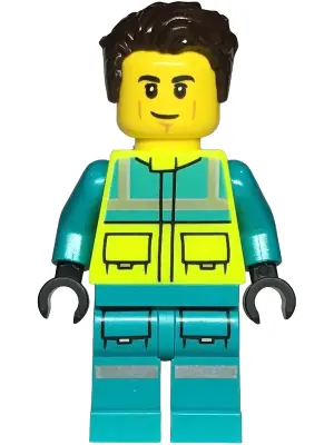 CTY1724:  Paramedic - Male, Dark Turquoise and Neon Yellow Safety Vest, Legs with Silver Reflective Stripes, Dark Brown Hair