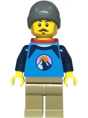 CTY1725:  Hiker - Male, Dark Azure and Dark Blue Shirt with Mountains, Dark Tan Legs, Dark Bluish Gray Beanie, Red Backpack Thin