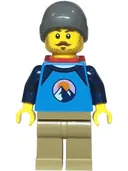 Minifigurka: CTY1725:  Hiker - Male, Dark Azure and Dark Blue Shirt with Mountains, Dark Tan Legs, Dark Bluish Gray Beanie, Red Backpack Thin