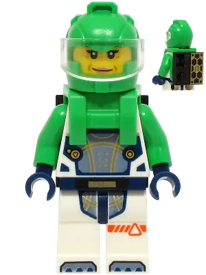CTY1726:  Astronaut - Female, White Spacesuit with Bright Green Arms, Bright Green Helmet, Trans-Clear Visor, Bright Green Harness with Solar Panel and Black Clip