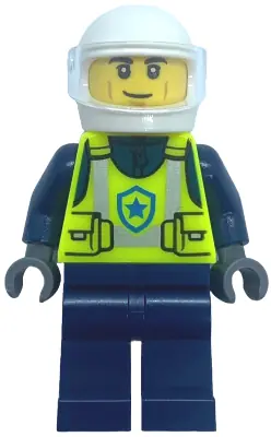 CTY1730:  Police - City Officer Male, Neon Yellow Safety Vest, Dark Blue Legs, White Helmet, Trans-Clear Visor