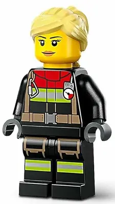 CTY1731:  Fire - Female, Black Jacket and Legs with Reflective Stripes and Red Collar, Bright Light Yellow Hair Ponytail and Swept Sideways Fringe